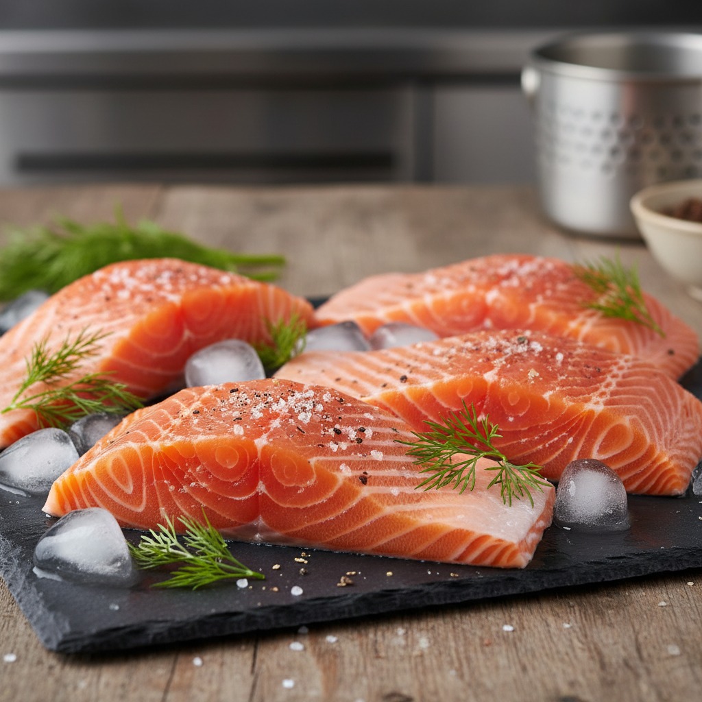 Quatro filés de salmão fresco temperados com sal e pimenta estão dispostos em uma tábua preta com cubos de gelo e raminhos de endro.