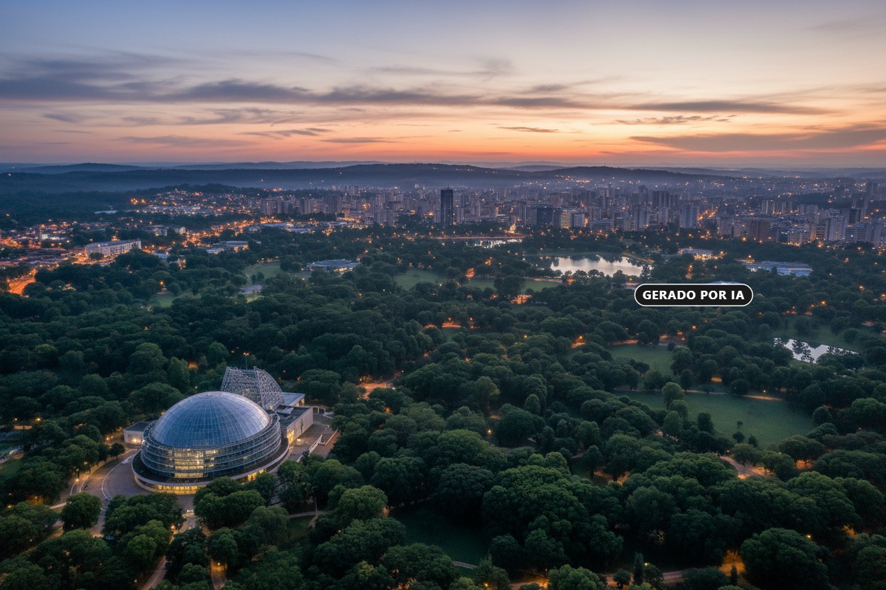 Gerado por IA: Vista aérea do Parque Barigui, em Curitiba, ao entardecer, destacando a cúpula iluminada do centro de eventos cercada por densa vegetação e a cidade ao fundo.